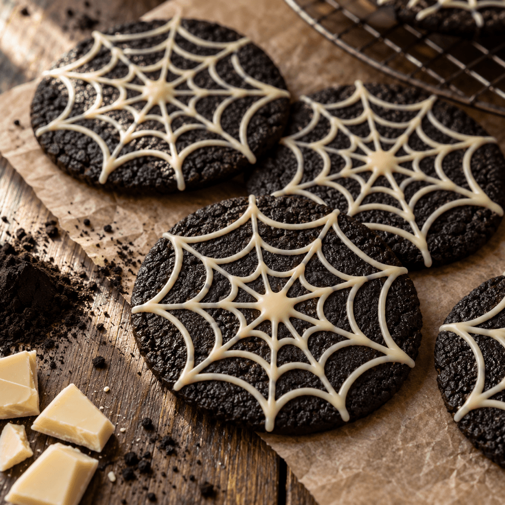Thin and Crispy Vegan Black Cocoa Spiderweb Cookies